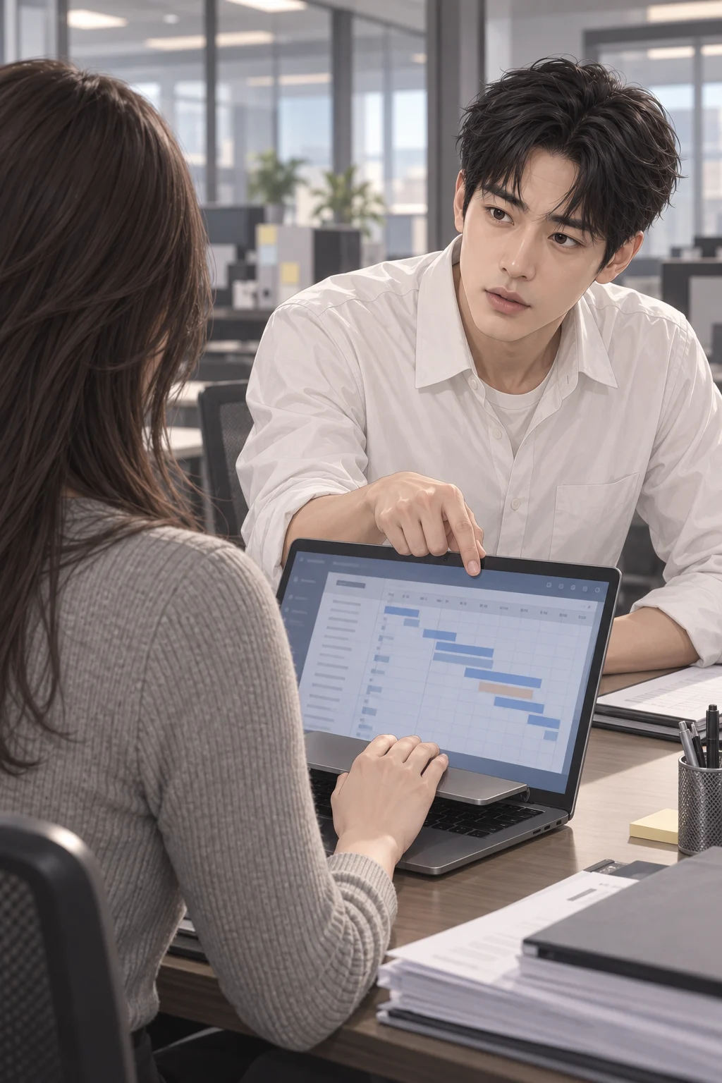 또 네가 해? — 민호가 서진의 노트북 화면에 뜬 발표 일정을 가리키며 묻자, 서진은 노트북을 덮으려다 멈춰요.