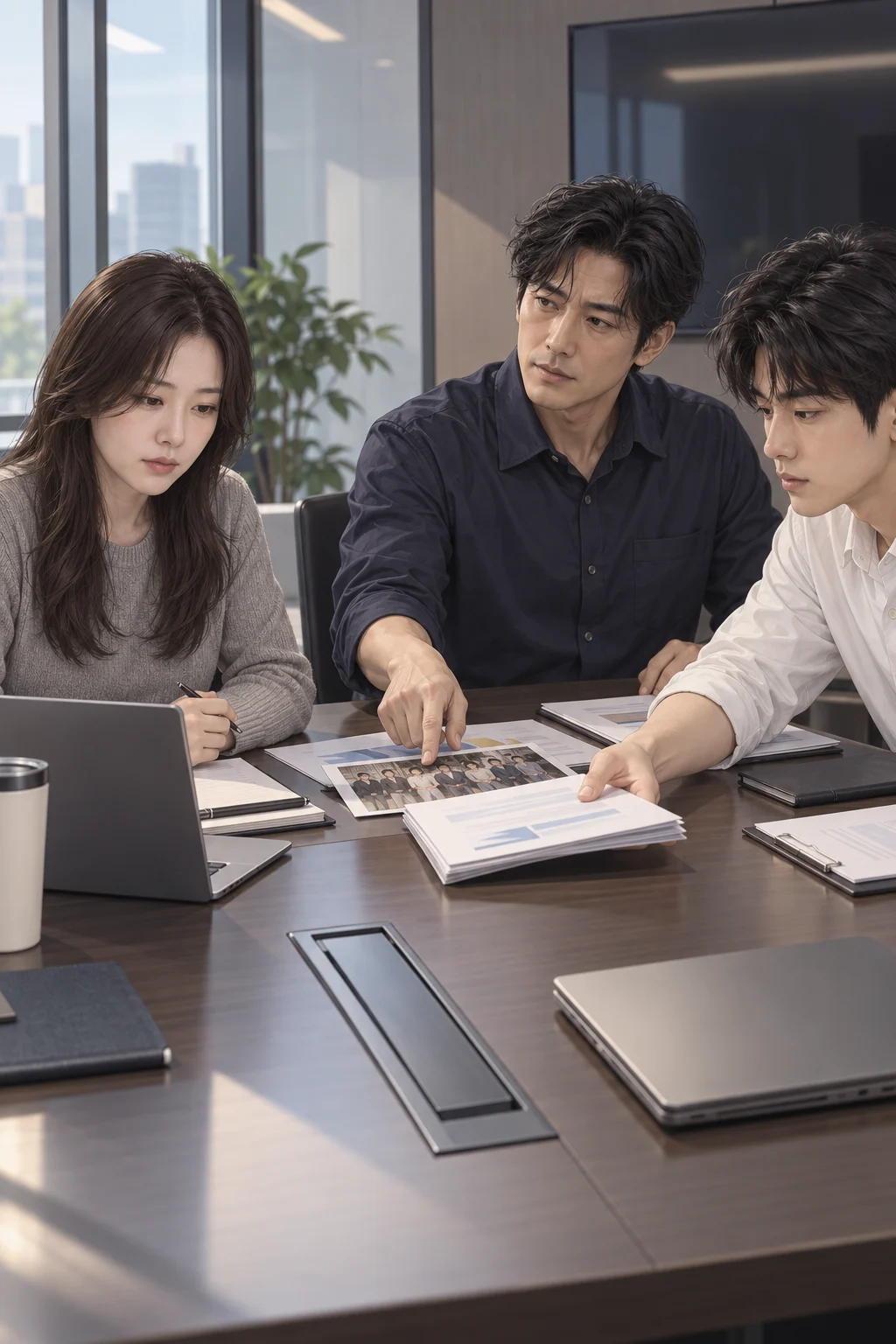이번에도 사진 — 팀장이 회의 자료 위에 오래된 사진을 펼쳐 놓고 서진에게 발표 순서를 맡기자, 민호는 서진 쪽으로 자료를 돌려요.