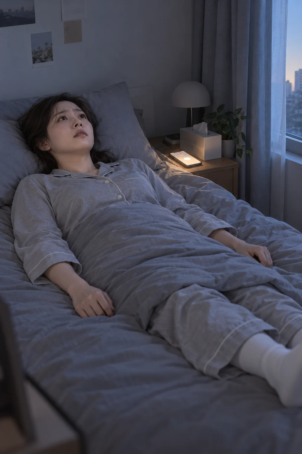 — 수빈이 침대에 누워 천장을 바라보고 있어요. 베개 옆 휴대전화의 알람 화면이 켜져 있지만, 수빈의 몸은 그대로 굳어 있어요.