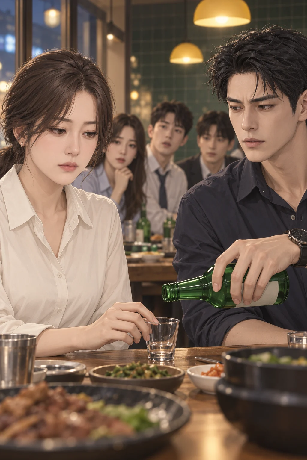 — 민석이 수빈의 잔에 소주를 따르려다 멈추고, 수빈은 잔 가장자리에 손을 댄 채 그대로 멈춰 있어요. 동료들은 테이블 너머에서 수빈을 기다려요.