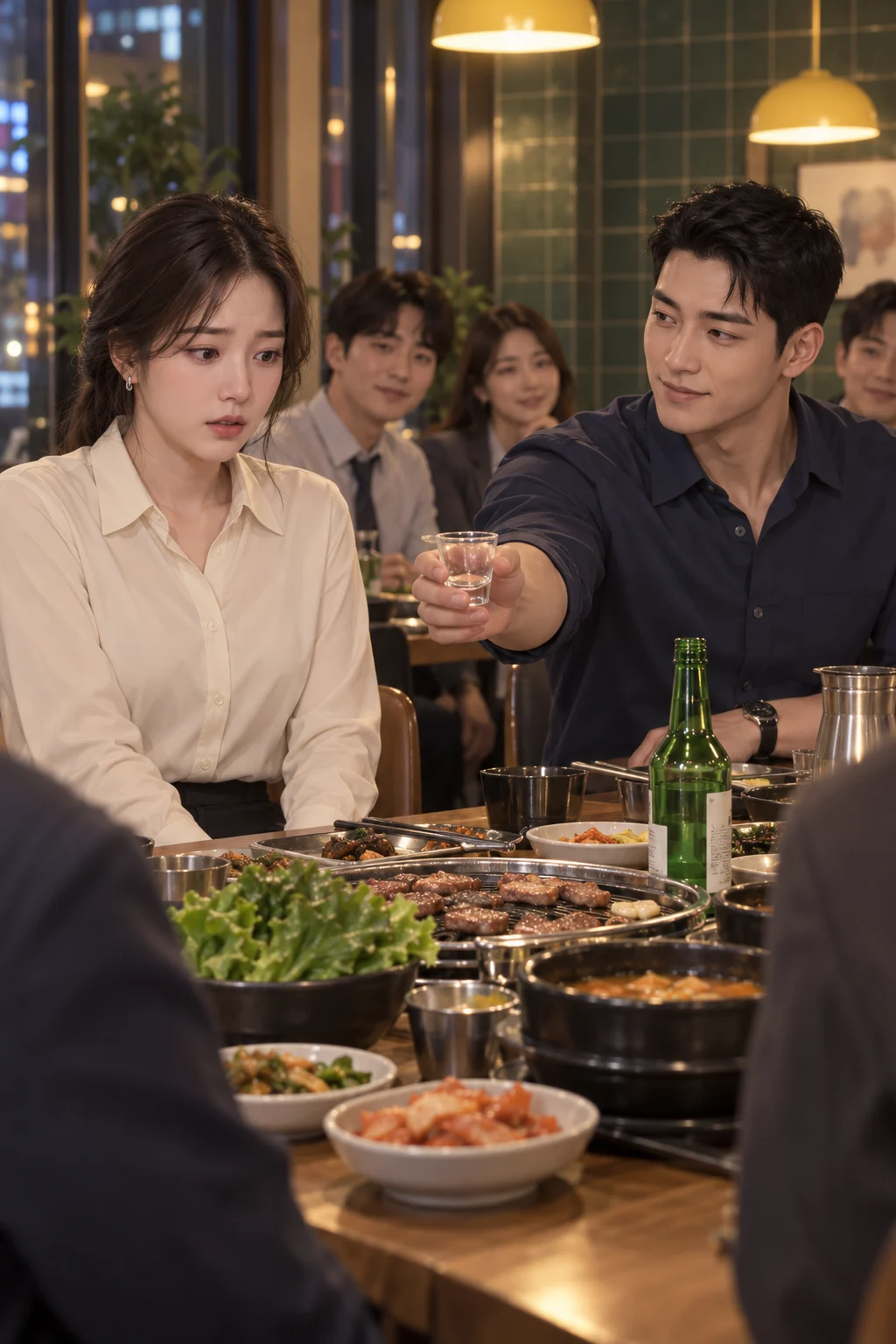 — 민석이 수빈 앞에 놓인 빈 잔을 집어 들고 수빈 쪽으로 내밀며 건배를 권해요. 수빈은 의자에 앉은 채 잔을 바라보고 몸을 움직이지 못해요.