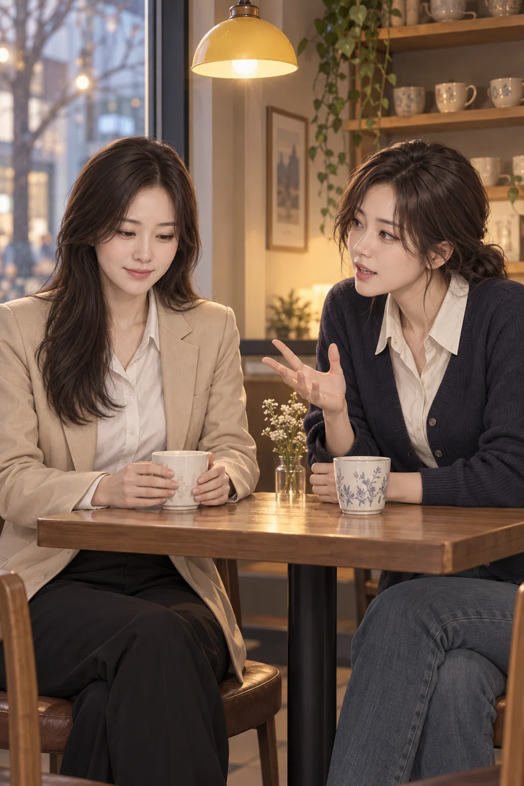 또 시작된 이야기 — 유나가 탁자 건너 수진에게 자리에 없는 친구의 험담을 해요. 수진은 살짝 웃으며 듣고 있어요.