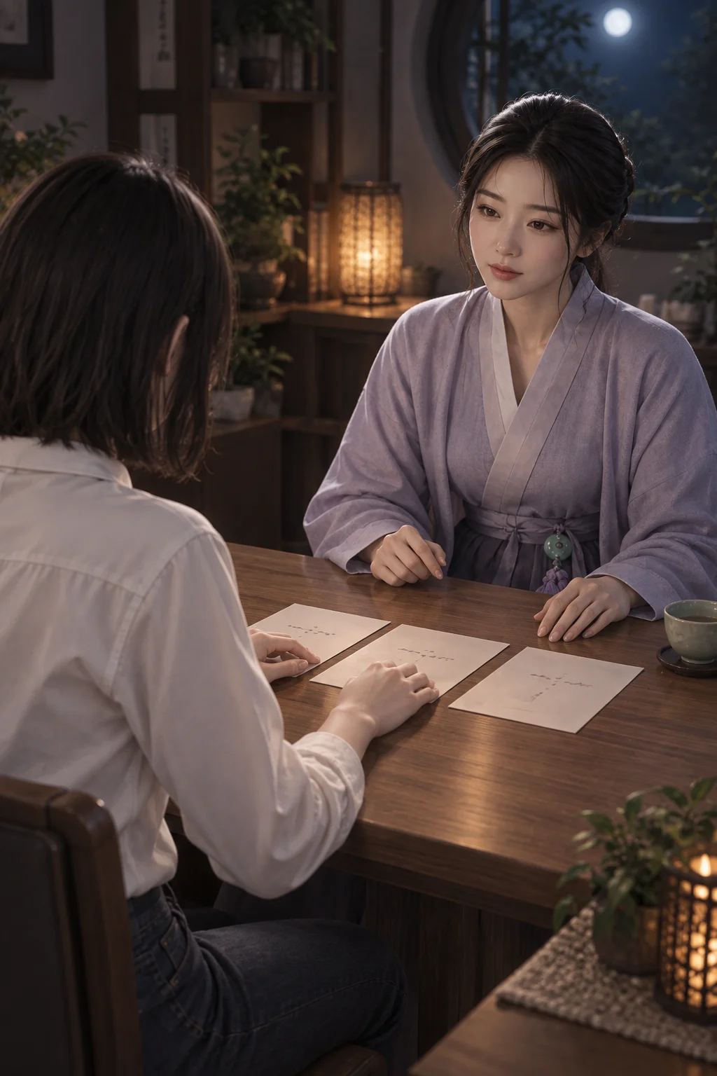 적어 온 시간 — 지아가 사흘 동안 적어 온 종이 세 장을 테이블 위에 나란히 놓고, 달빛 선녀가 그 옆에 손을 멈춰요.