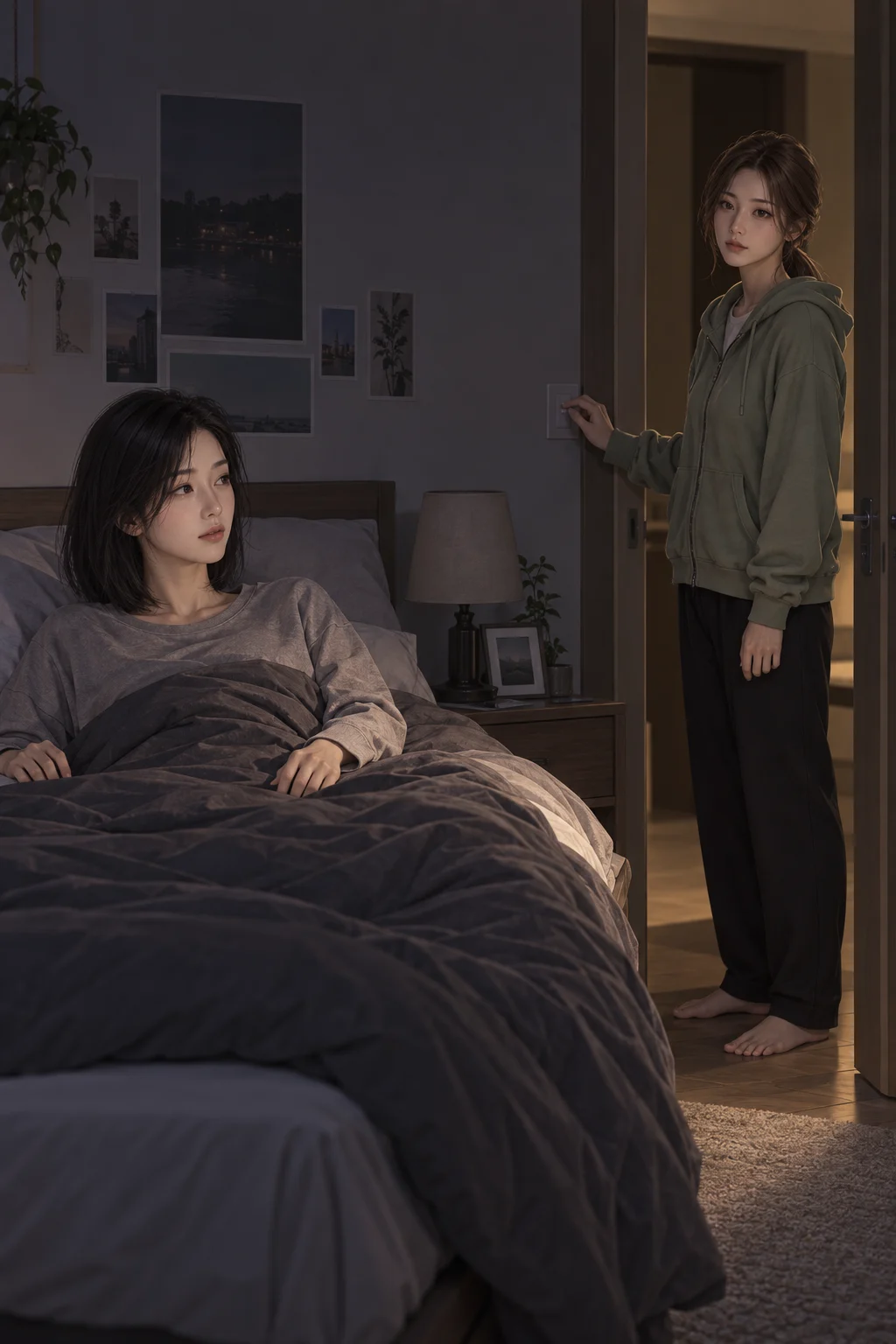 불을 끈 뒤 — 지아가 침대에 누워 스탠드 조명을 끄자, 소연이 복도 불을 끄고 문가에 멈춰 서요.