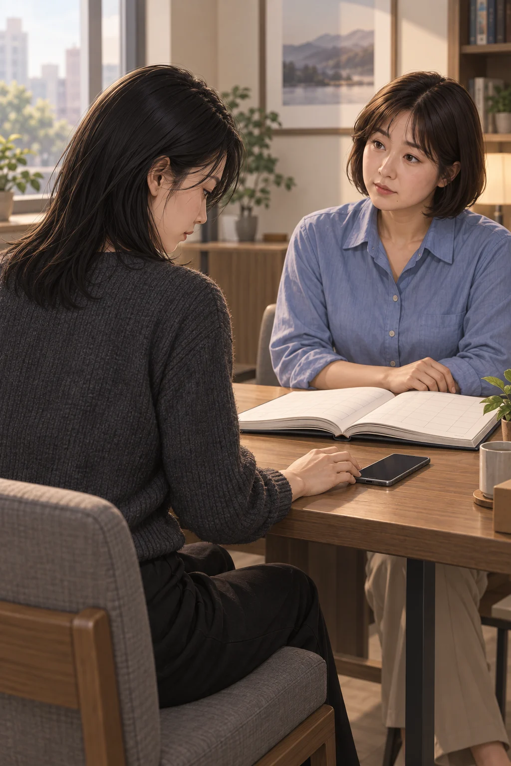 말하지 않은 답 — 서윤이 만세력 책장을 펴 둔 채 휴대전화의 답장 화면을 껐다가 내려놓아요.