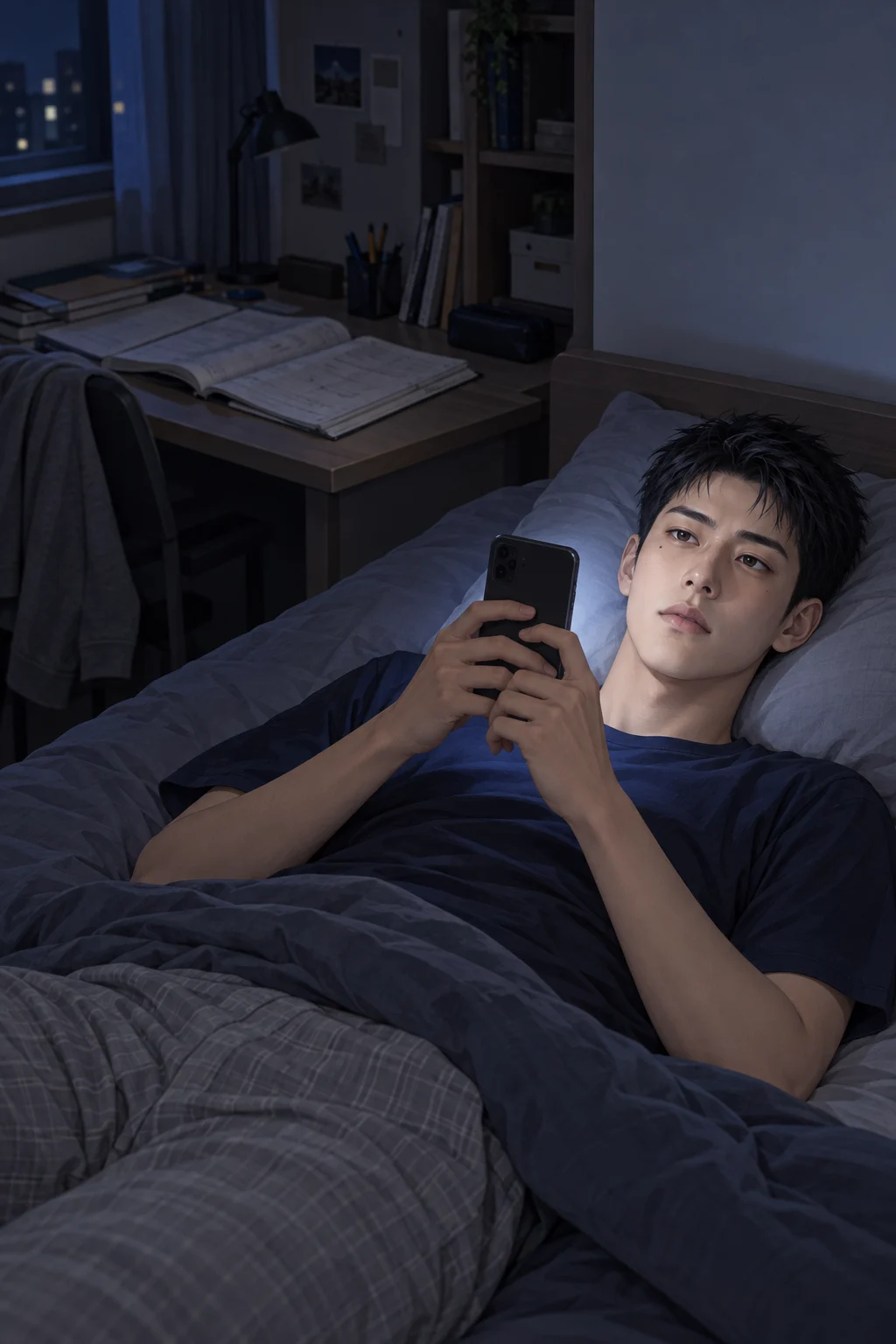 — 민재가 침대에 누워 휴대전화를 가슴 위에 올려 둔 채 화면을 바라봐요. 책상 위에는 펼쳐진 문제집이 그대로 놓여 있어요.
