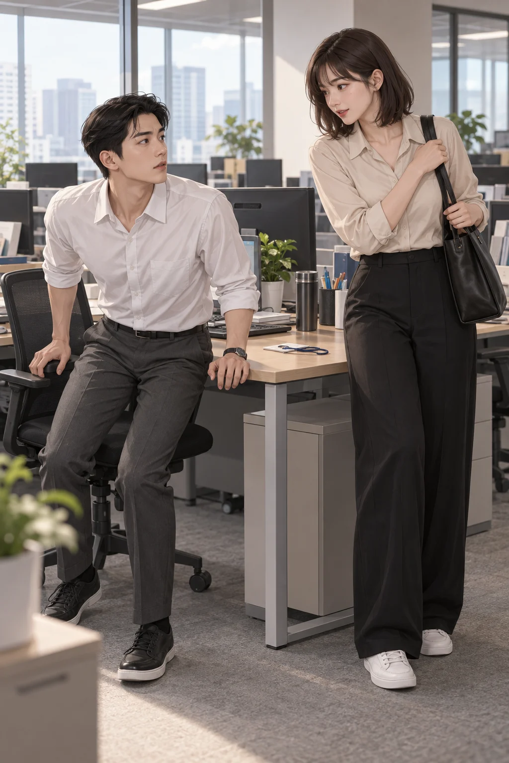 먼저 빠진 자리 — 민아가 지훈의 책상 옆에서 가방끈을 고쳐 메고, 먼저 식사하러 가겠다고 말해요. 지훈은 의자에서 반쯤 일어났다가 다시 앉아요.