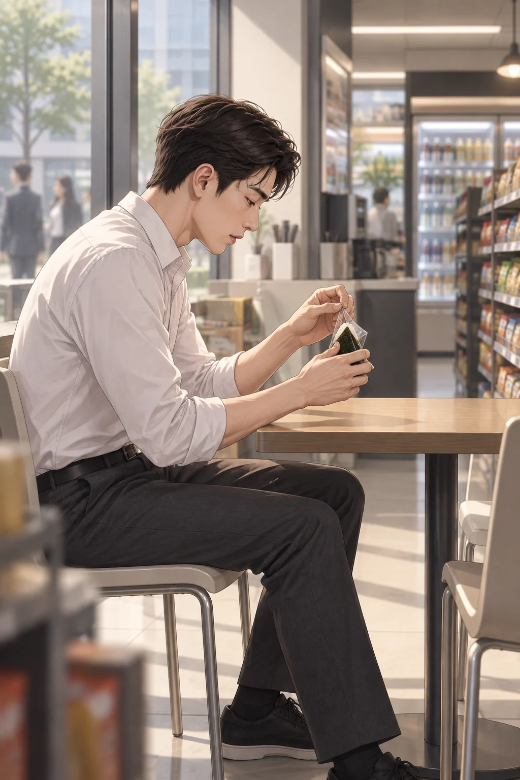 십 분 늦은 점심 — 지훈이 다른 직원들이 지나간 뒤 편의점 창가에 앉아 삼각김밥 포장을 천천히 벗겨요.