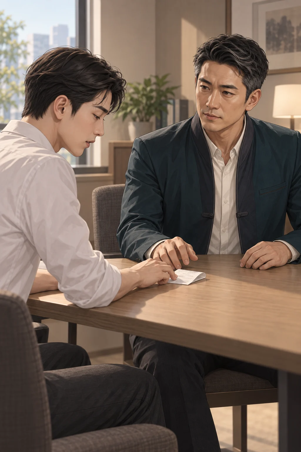 접힌 영수증 — 지훈이 접힌 점심 영수증을 테이블 위로 밀어 놓고, 백호 선생은 영수증 앞에서 손을 멈춰요.