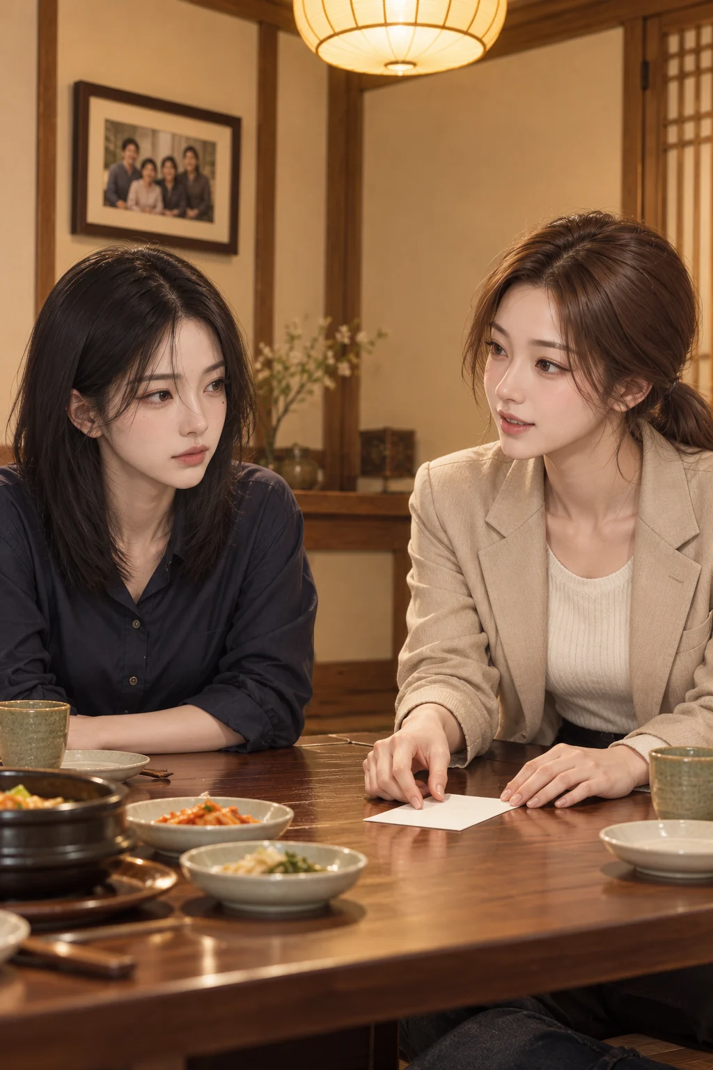 종이가 펴지고 — 언니가 작은 종이에 숫자를 적자고 제안해요. 지우는 종이 앞에 앉아 언니를 봐요.