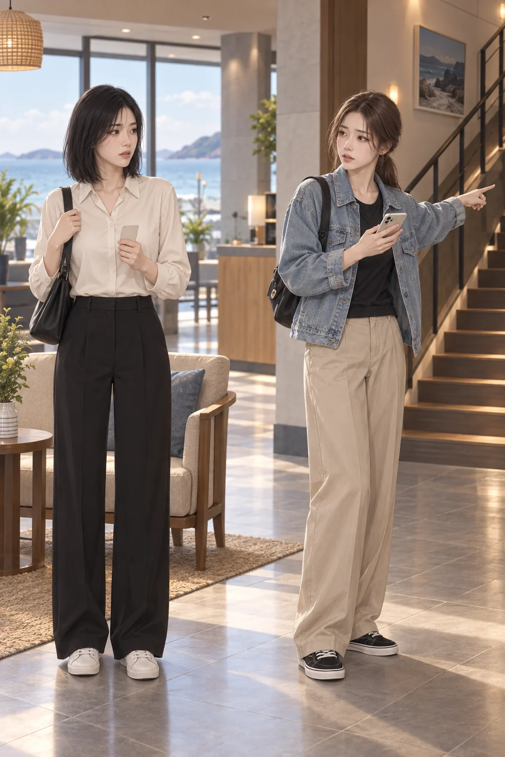 저녁 약속이 바뀐 밤 — 민아가 숙소 계단 쪽을 가리키며 먼저 올라가겠다고 말하고, 지수는 로비 의자 옆에 선 채 들고 있던 카드키를 움켜쥔다.