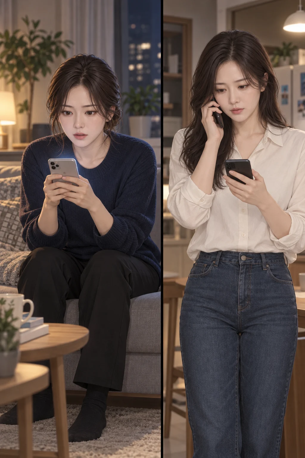 먼저 뜬 소식 — 지현은 소파 끝에 앉아 휴대전화 화면을 바라봐요. 화면에 가족 단톡방 알림이 떠 있고, 언니가 보낸 ‘지현이 헤어졌대’라는 말이 보입니다. 통화 중인 언니는 다른 장소에서 휴대전화를 귀에 댄 채 화면을 내려다봐요.