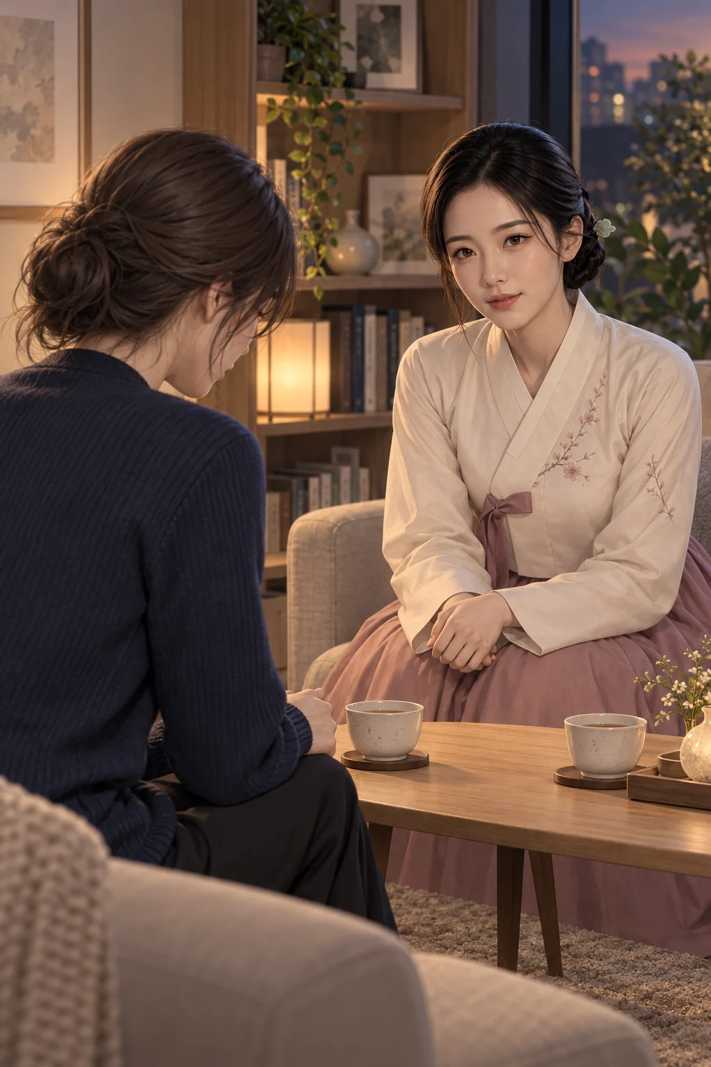 내가 말하려고 — 지현은 소파에 앉아 탁자 위 찻잔을 바라봐요. 연화 신녀는 맞은편에 앉아 지현을 향해 몸을 조금 기울여 들어요.