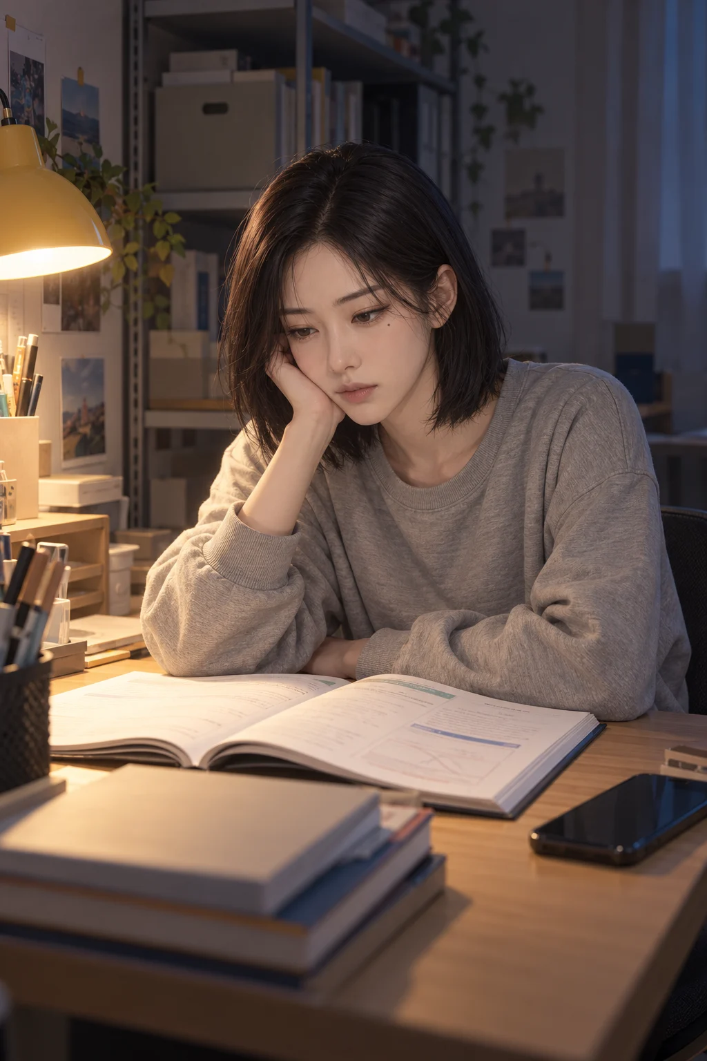 펴지 못한 교재 — 지우가 책상 앞에 앉아 펼친 교재를 내려다본다.