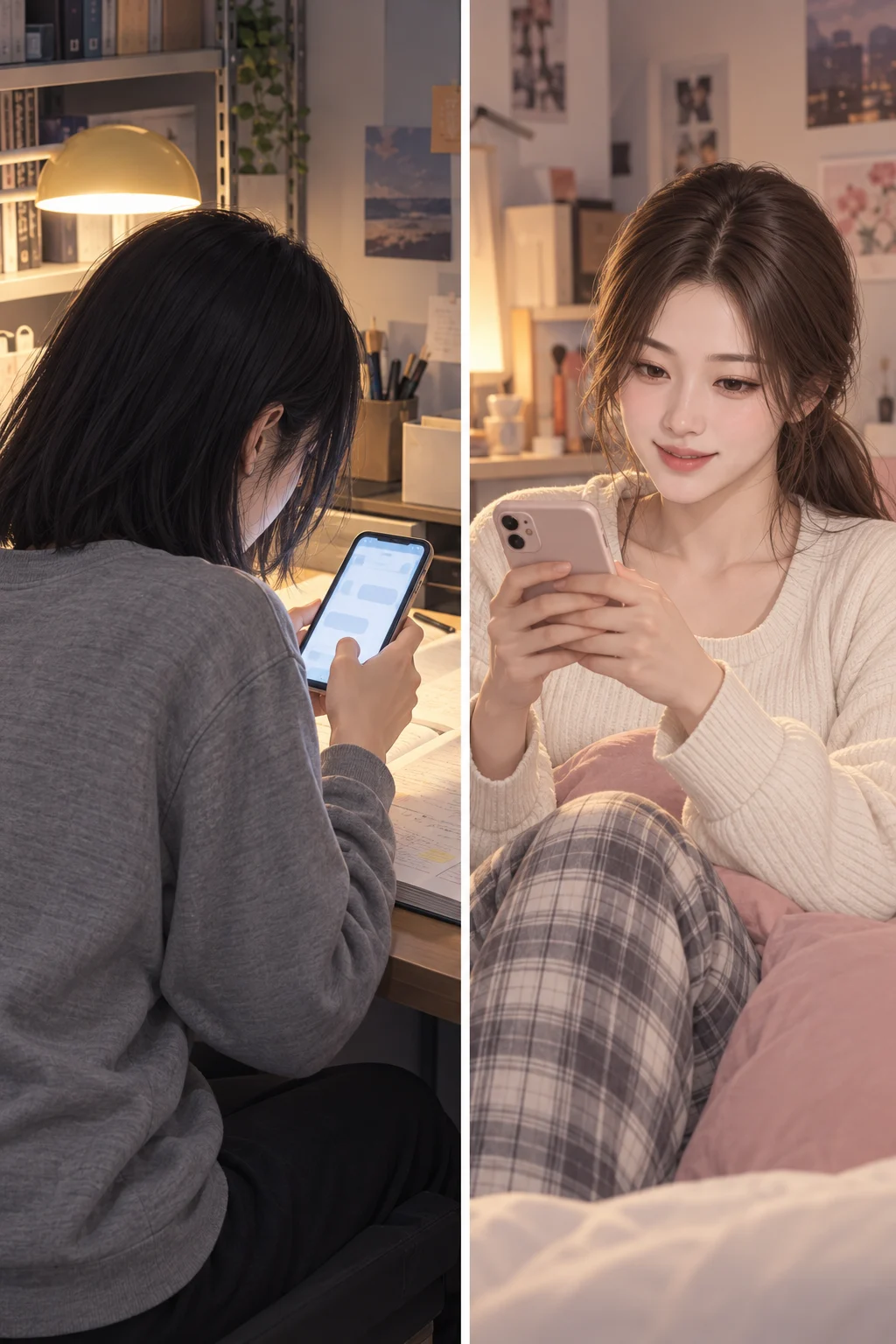 친구의 합격 — 지우가 휴대전화 메시지를 읽고 잠시 멈춘다.