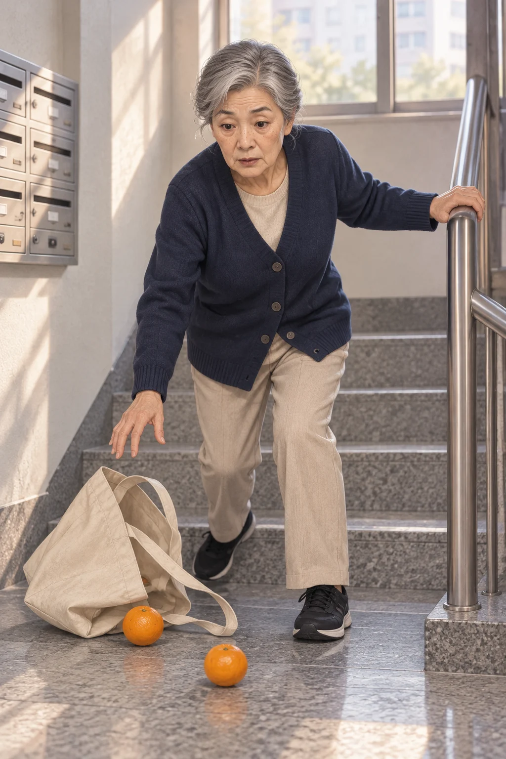 The morning her steps stopped — Mijeong misses a step and stops on the stairs. Two tangerines roll across the floor.