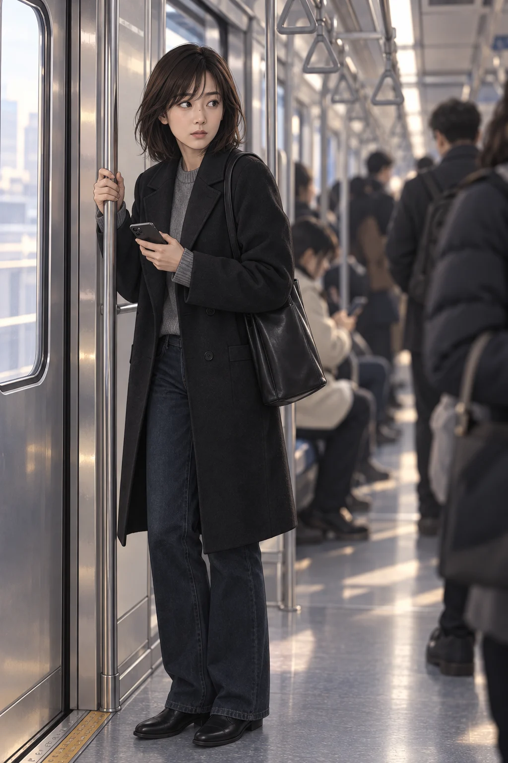 The Same Car the Next Day — Yuna stands beside the train doors at a different station from the day before and checks her phone. After looking at the screen, she quickly scans the people in the same car.