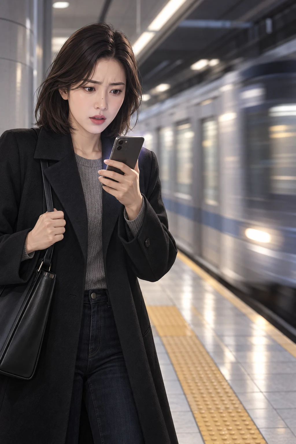A Post That Captures the Present — Yuna holds her phone in one hand and checks an anonymous community post. Her other hand grips the strap of her bag.