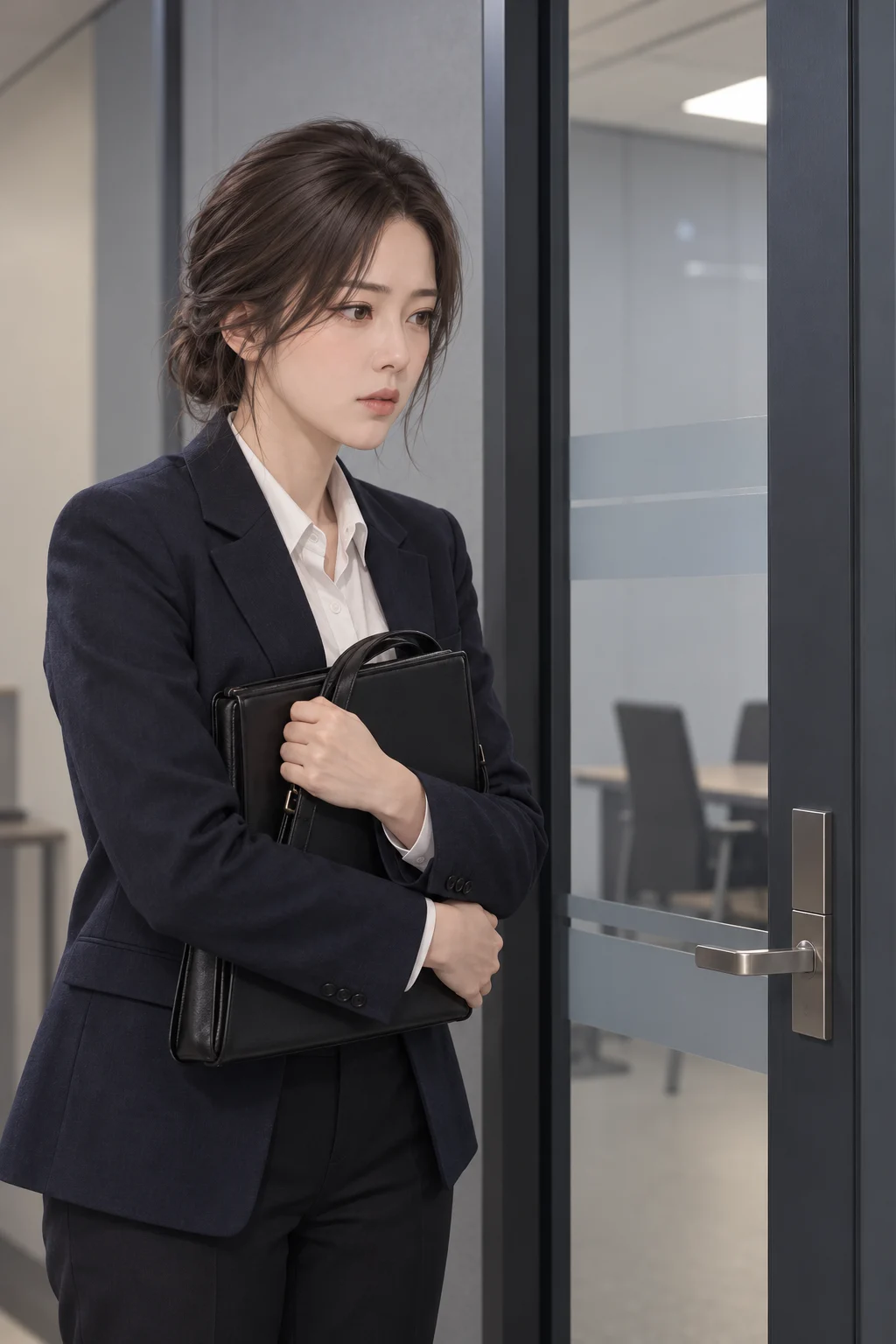 面接を終えて――ジヨンが閉じた面接室のドアの前で、書類かばんを持ったまま少し立ち止まる。