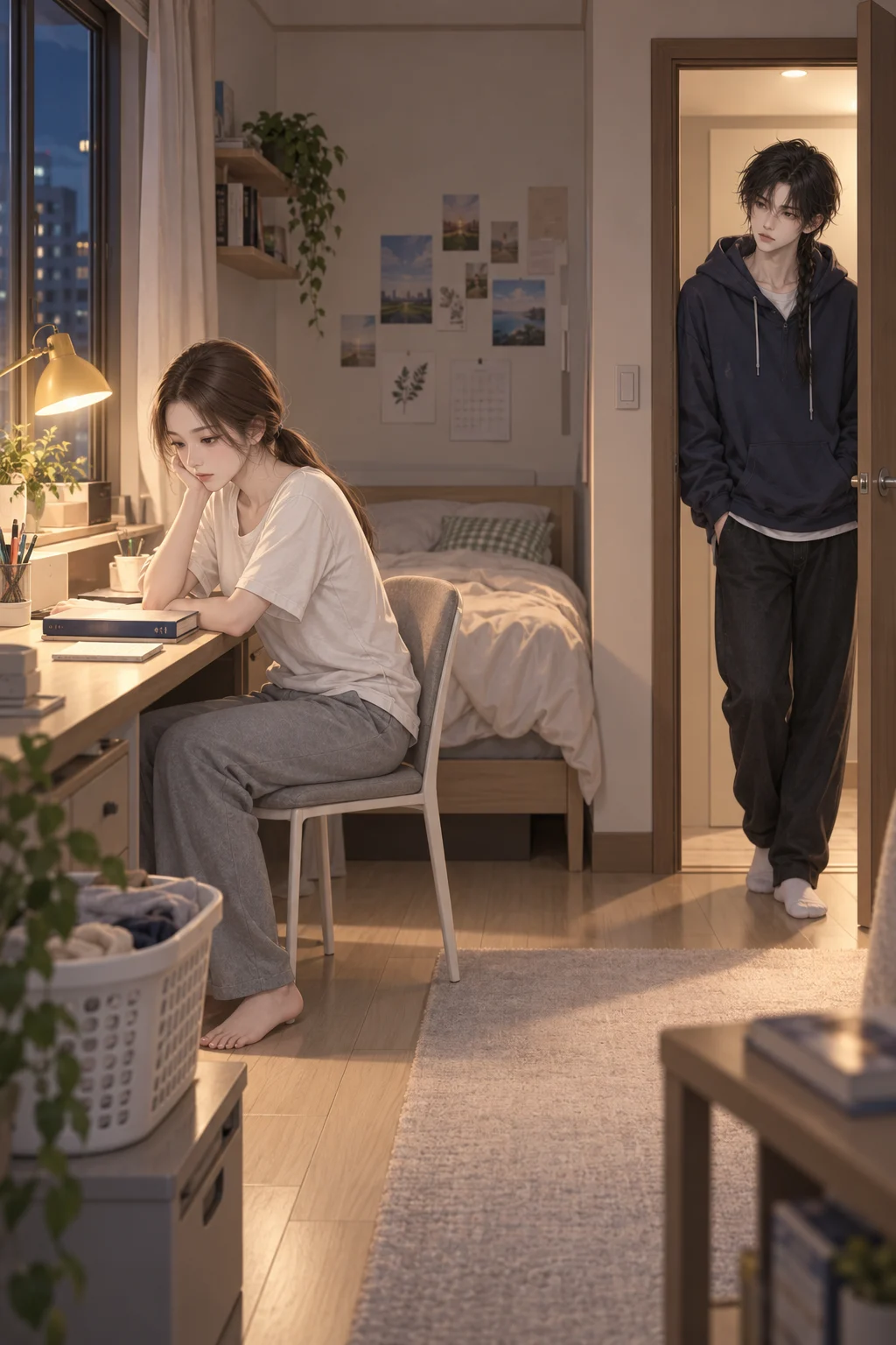 — Her younger sibling stands in the doorway, looking at Yujin at her desk.