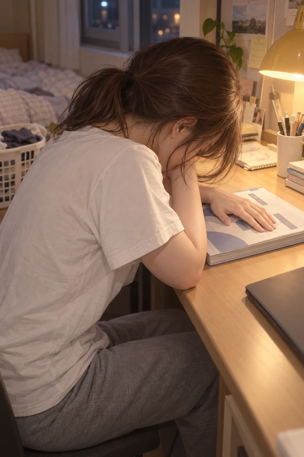 — Yujin rests her palm on the closed workbook and lowers her head.