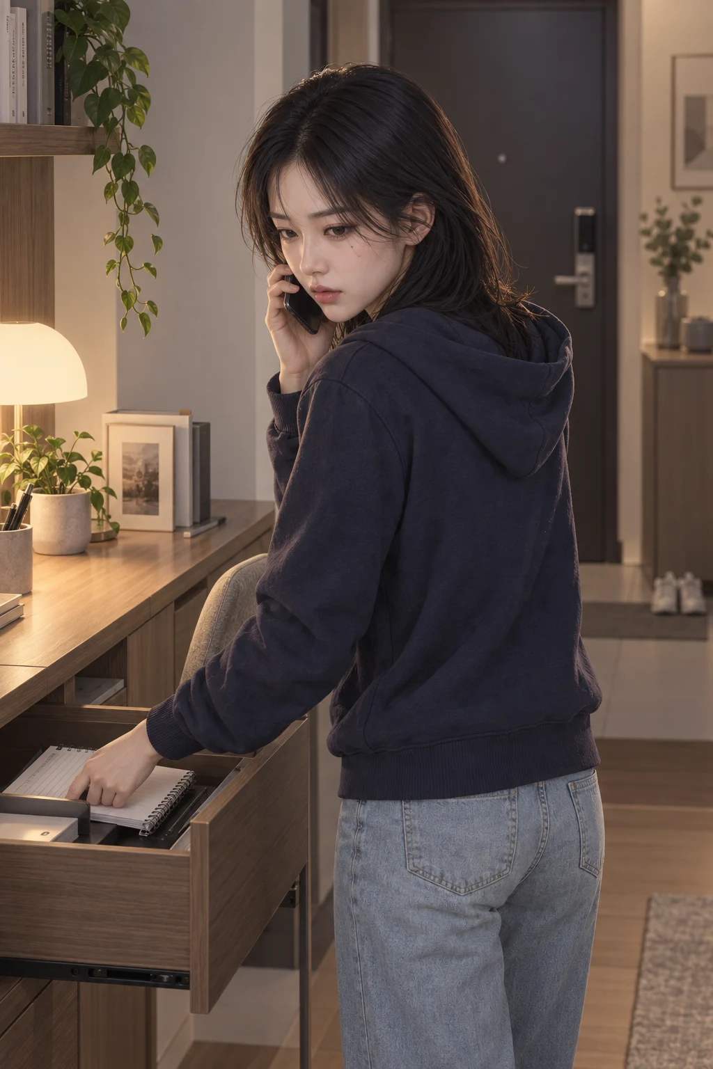 Another Night Put Off — When Mother says over the phone that she'll talk about Soyeon's exam again at the next family gathering, Soyeon pushes the study notebook on her desk into a drawer.