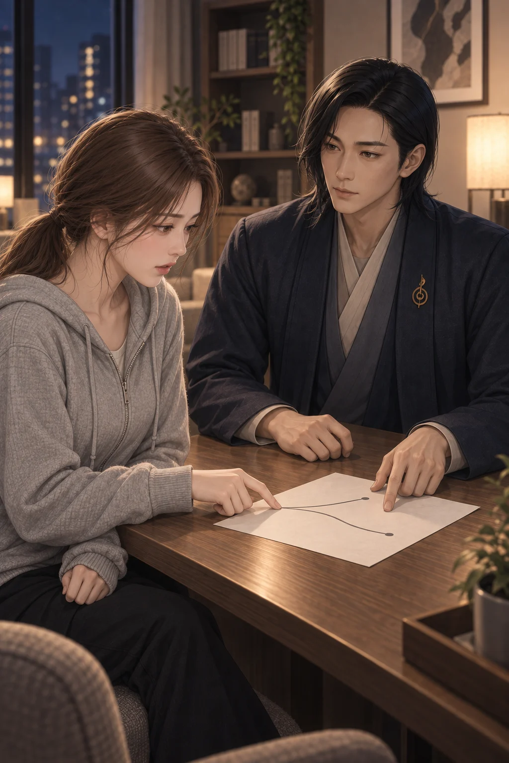 Placing the two burdens side by side — When Haewol draws two paths on the paper, Sua touches one with her left hand, then stops.