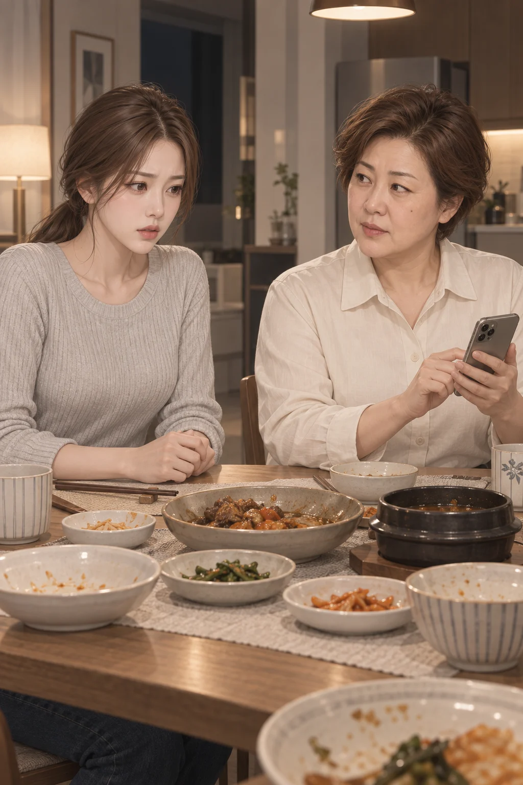 The night her name was posted first — Aunt holds up her phone and looks toward Sua as she posts in the family group chat. Across the table, Sua looks at Aunt’s hand and phone together.