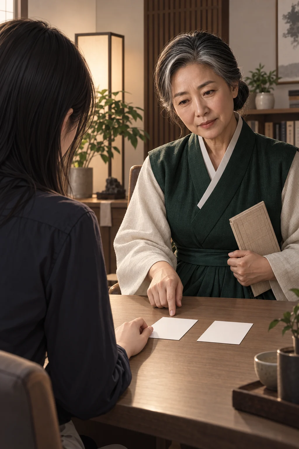 이상한 감정 — 민서가 두 날짜 카드를 테이블 위에 놓고 엄지손가락으로 한 카드의 모서리만 계속 누르고 있어요. 상담가는 맞은편에서 카드를 바라보며 질문해요.