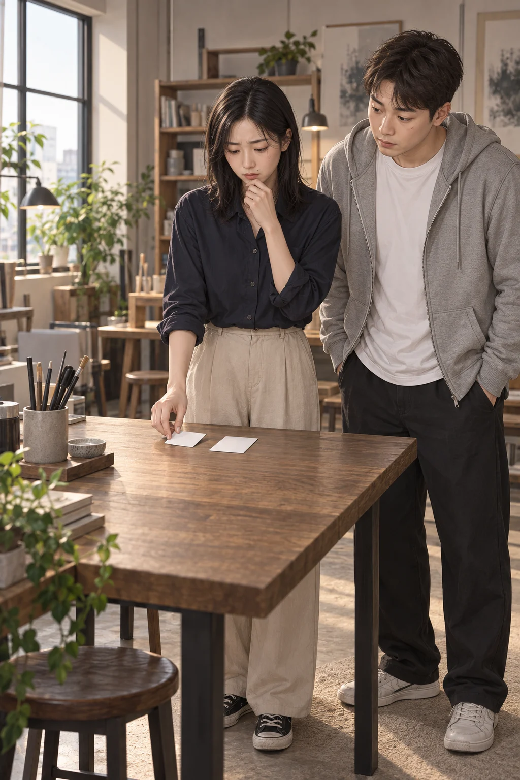 반복 — 민서가 테이블 위 두 날짜 자석 중 하나를 옮겼다가 다시 제자리로 돌려놓아요. 서현이 옆에서 그 모습을 바라봐요.