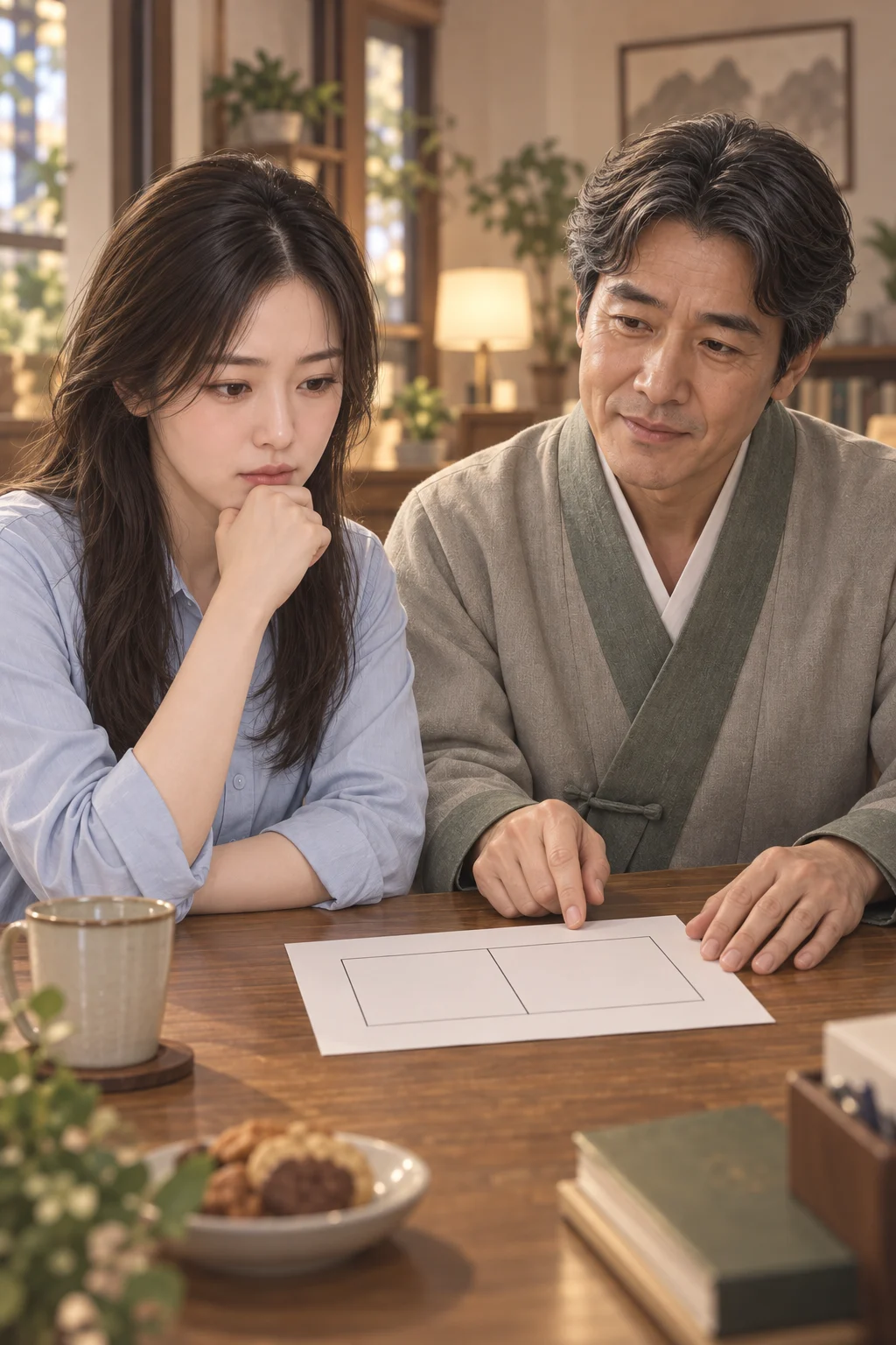 A sheet with two columns — Onyu draws two columns on a sheet of paper and shows Yujin, who looks at it.