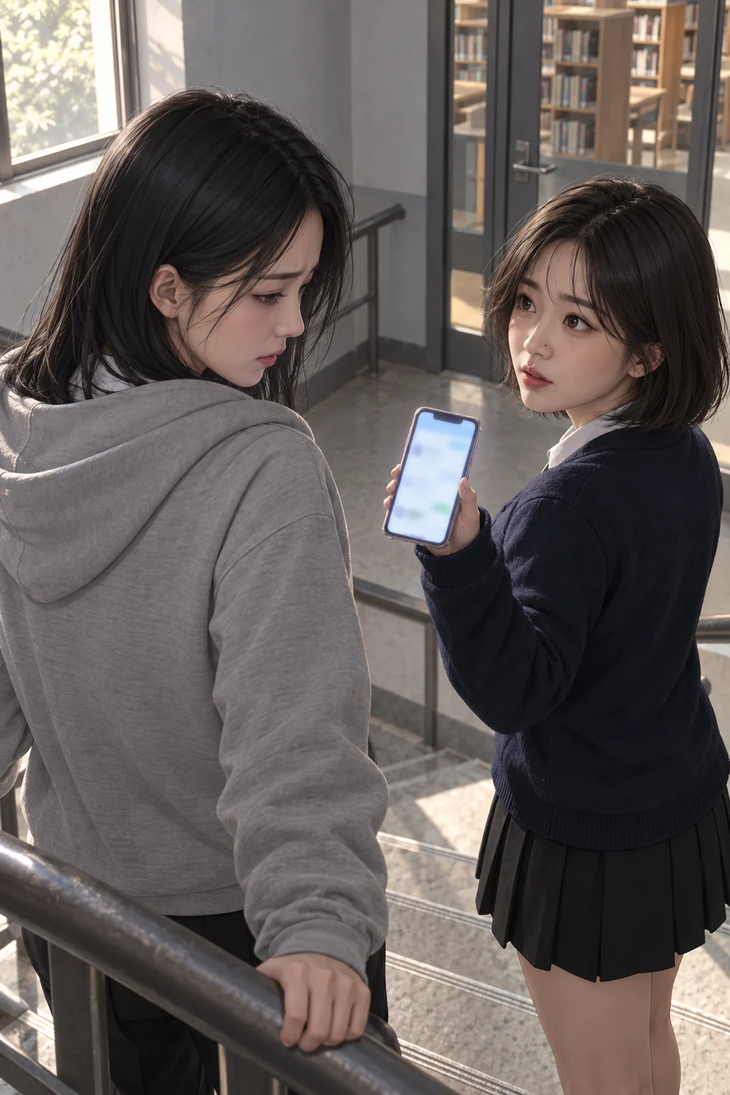 The Same Words the Next Day — The message from the new account Daon shows her contains the same kind of urging to reply as last night's message. Jimin grips the stair rail and steps down one stair.