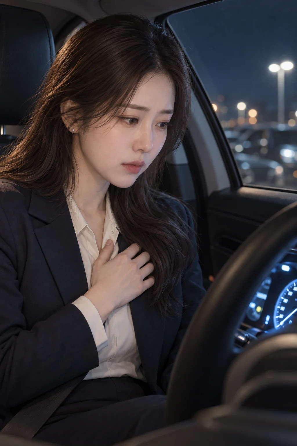 消えない明かり — ジスは運転席で胸に手のひらを当て、エンジンのかかったメーターを見つめる。