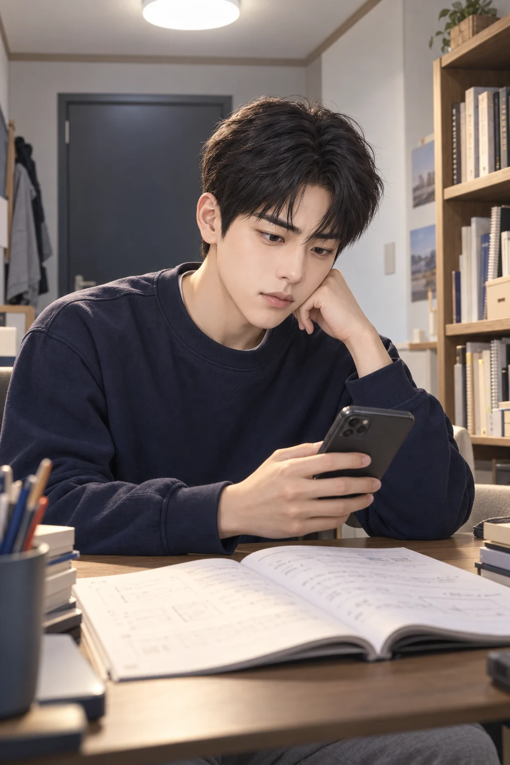보낸 뒤에도 화면을 봐요 — 지후가 펼친 문제집 옆에 휴대전화를 놓고 화면을 확인한다.