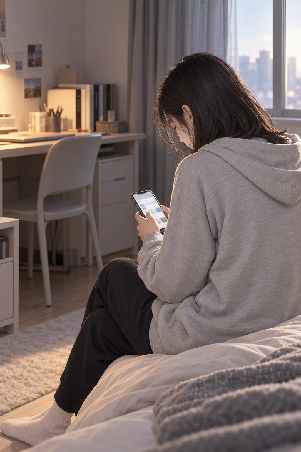 画面を開いたまま — ミンソはベッドの端に座ってスマホを見ています。