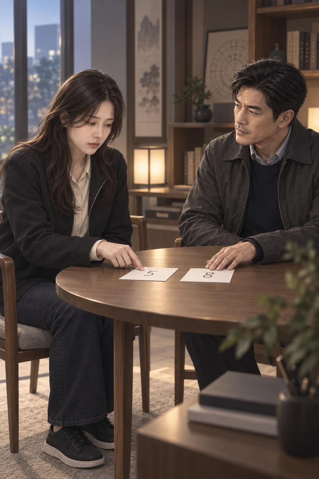 Numbers Side by Side — Seoha points to the 5th and 8th floors she wrote on the table. Dowon slides the paper with both numbers toward her, side by side, and listens.