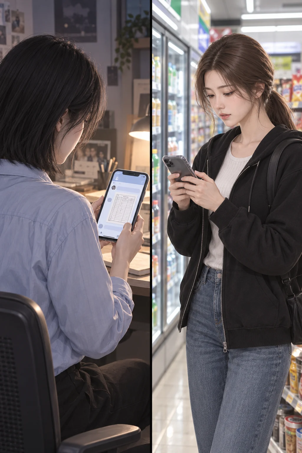 The Cast List Comes First — In the split screen, Jiwoo checks her phone while Harin types a message to the group chat in a convenience-store aisle.