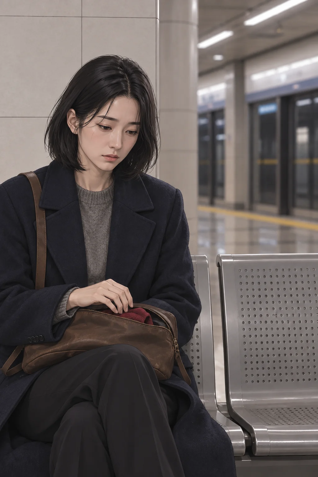 02 · Red Inside the Bag — Jiu opens her bag and reaches for the red scarf folded inside, then stops. Only the end of the scarf shows outside the bag.