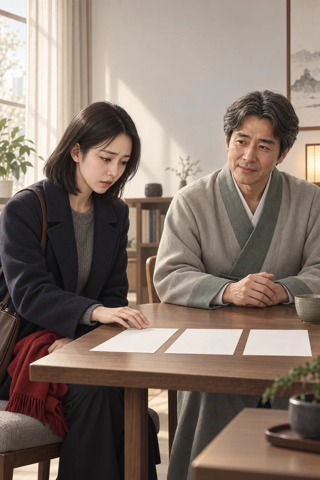 04 · A Morning with Three Paths — Onyu lays the three sheets out before Jiu. Jiu’s hand reaches the first sheet, then stops. She picks up none of them.