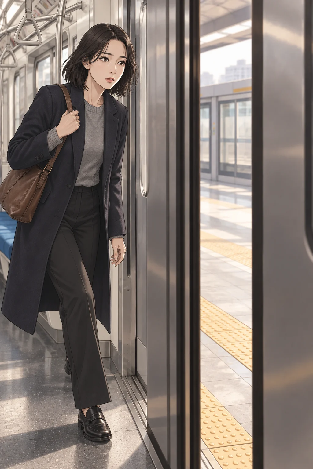 01 · Before the Closing Doors — Jiu starts to step through the open doors, then stops. Gripping her bag strap, she watches the doors close.