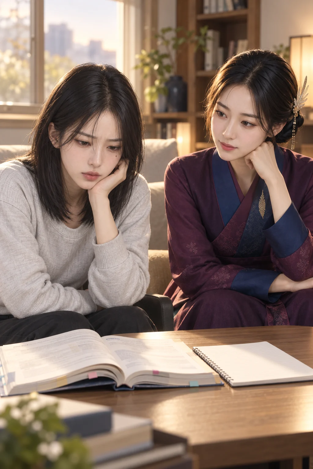 — Daeun looks at the open book and blank note side by side.