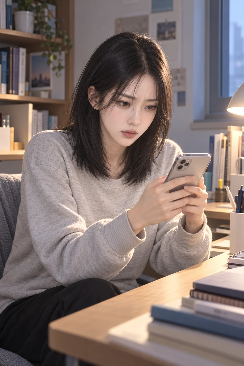 — Daeun looks down at the group chat on her phone. On the screen is a message from Minji, who has posted next week’s study plan.
