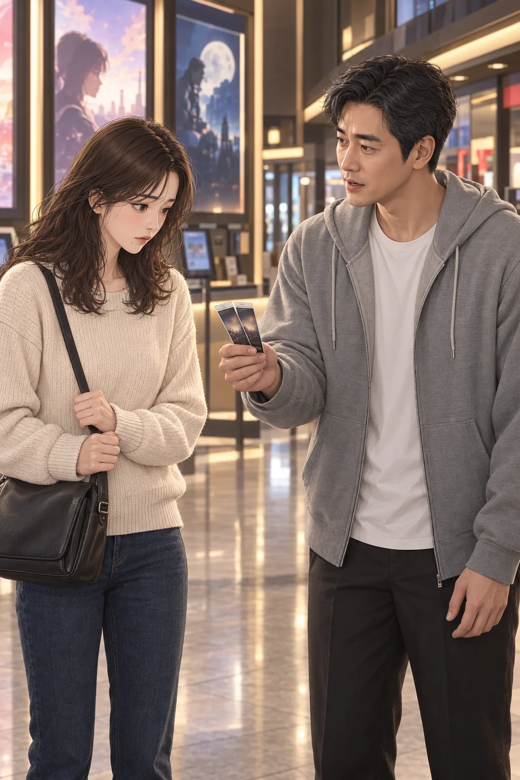 Another Dinner Already Decided — Junho stands before Seoha holding two movie tickets, while Seoha keeps both hands on her bag strap without taking them.