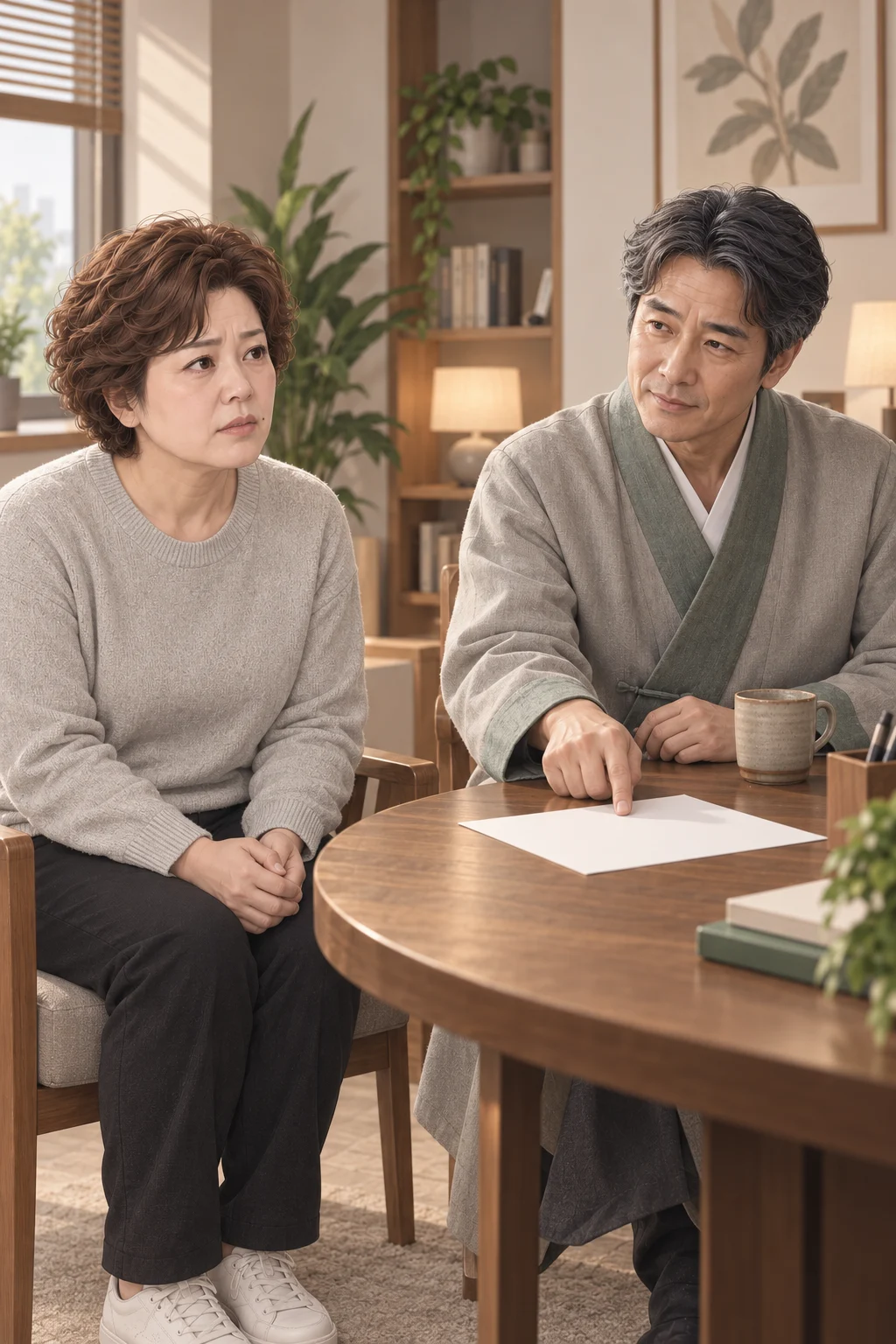 — 지현이 상담실에서 은행 창구 앞에 있었던 일을 말하고, 온유 선생은 지현 앞에 놓인 빈 종이 한 장을 가리켜요.