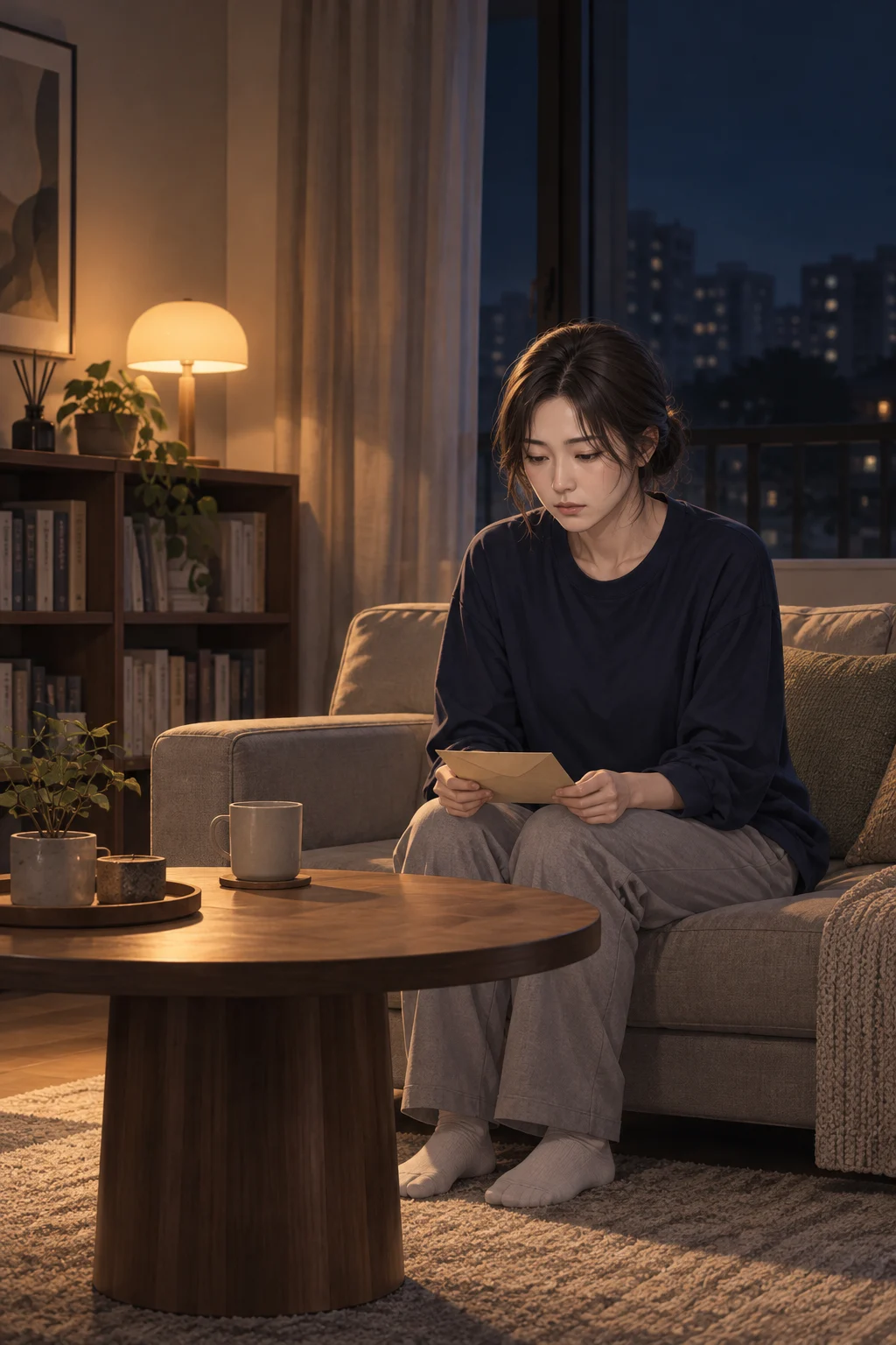 아무도 모르는 밤 — 지민이 탁자 앞에 앉아 봉투를 무릎 위에 올려둔다.