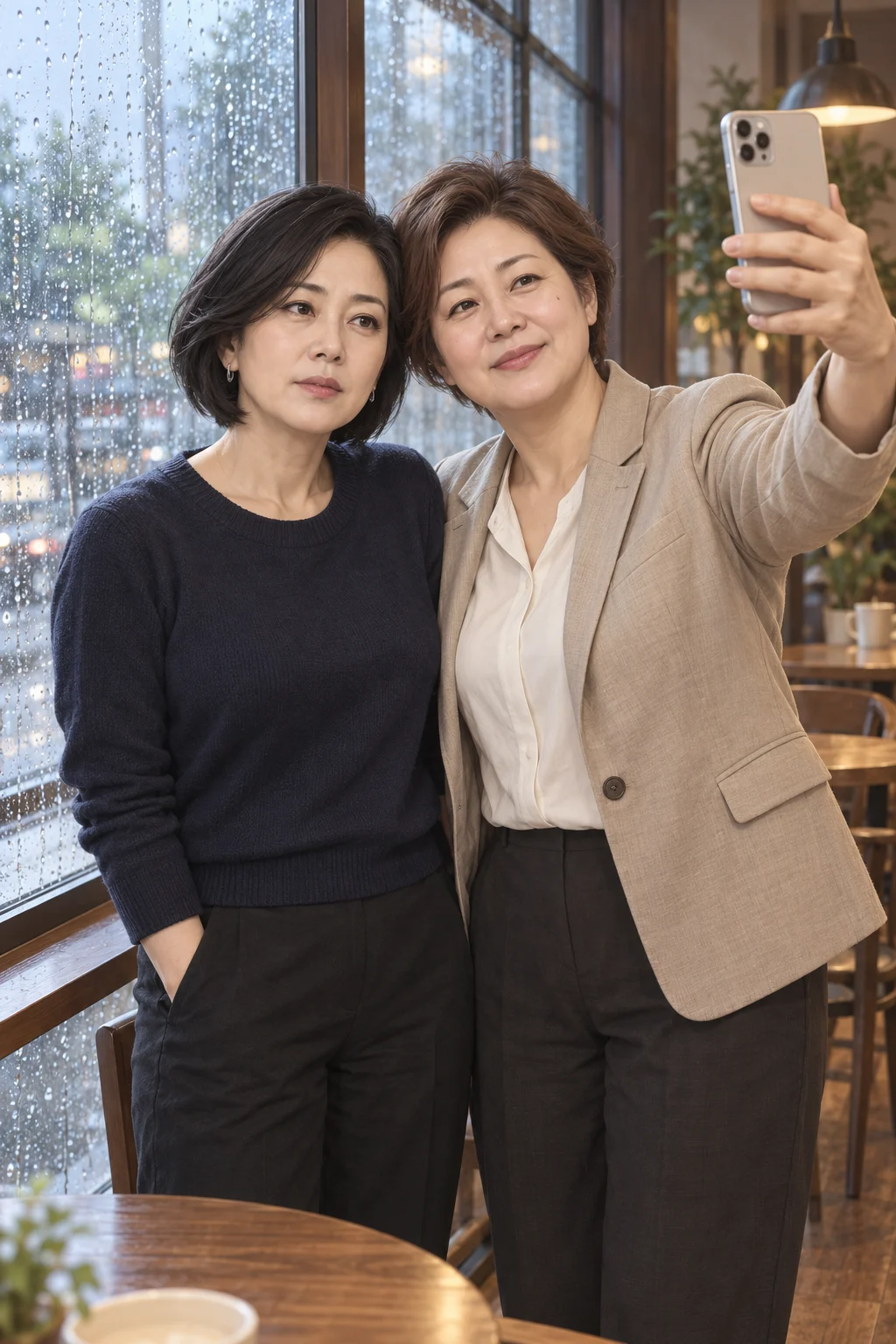 — スジンがミジョンの隣に立ち、スマホで二人の写真を撮る。