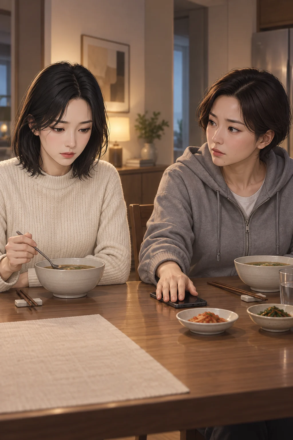 What remained after the laughter — Jimin turns her phone face down on the table. Daeun looks at the soup growing cold and doesn’t lift her spoon.