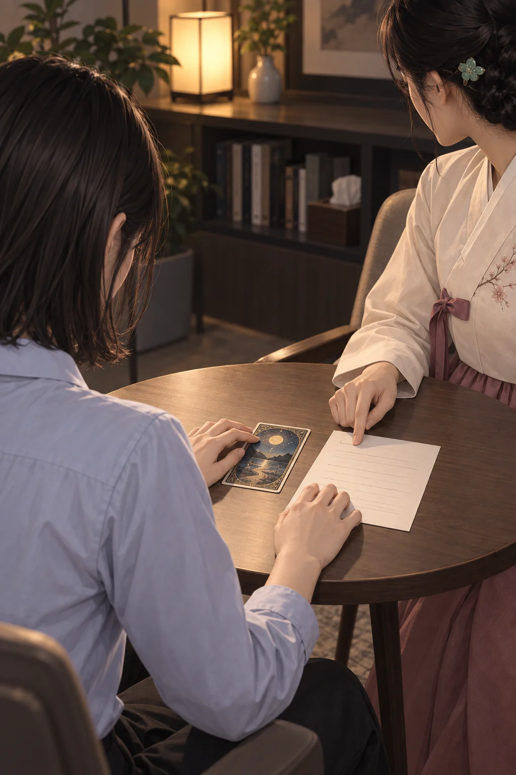 03 · The Question Beside the Card — Minseo places one tarot card in the center of the table, and Yeonhwa points with a fingertip to the question written beside it.