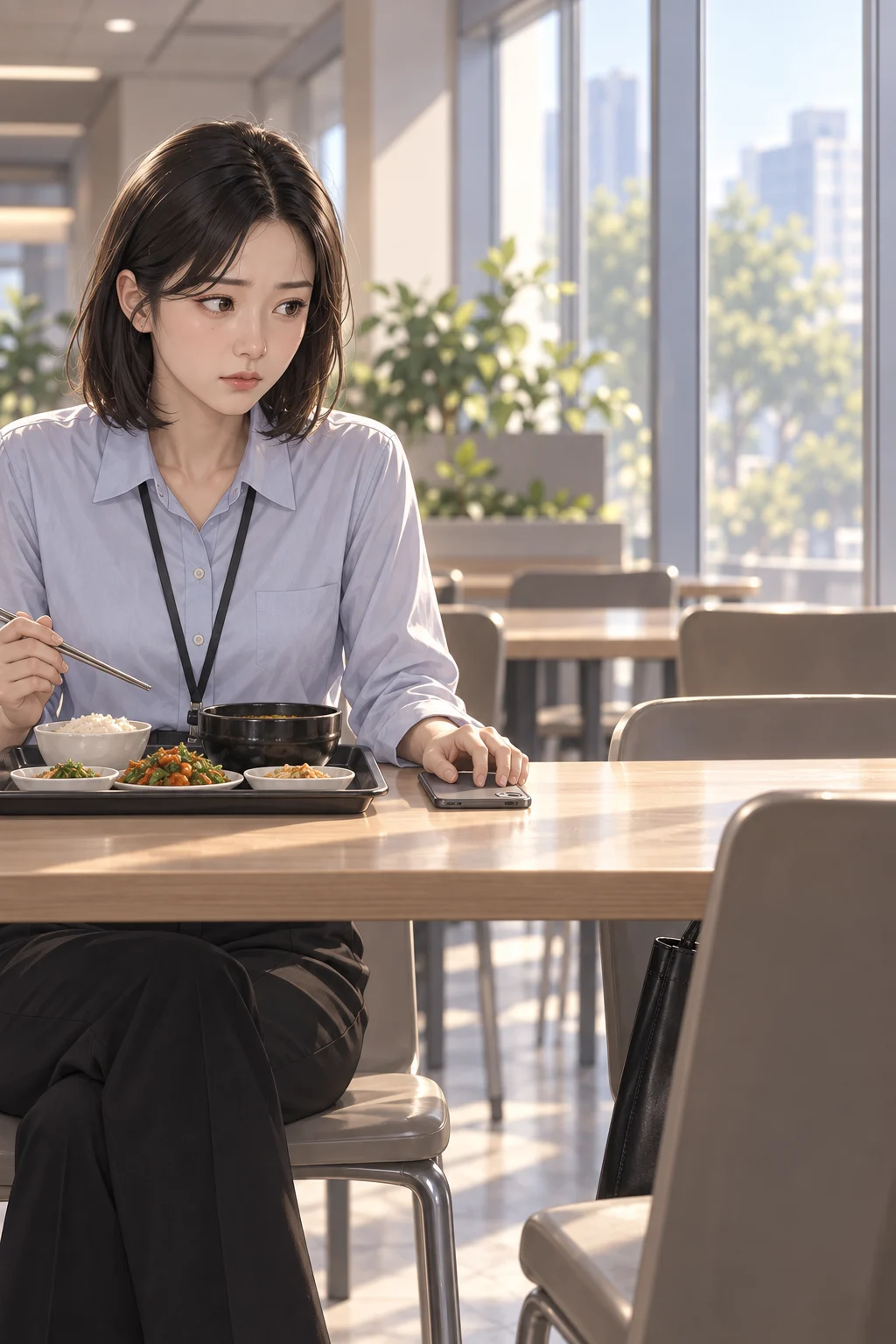 02 · Maybe it wasn't because I was alone — Minseo turns her phone face down beside her tray and looks at the empty chair across from her.