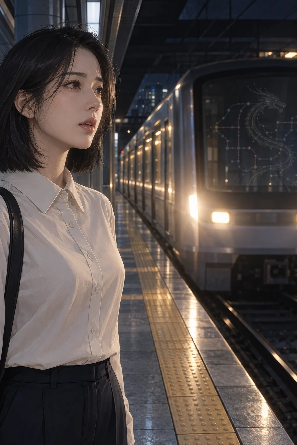 04 · Words Stopped in Her Throat — Yuna stands at the edge of the empty platform, watching the train approach. Her lips part, but the next words do not come.